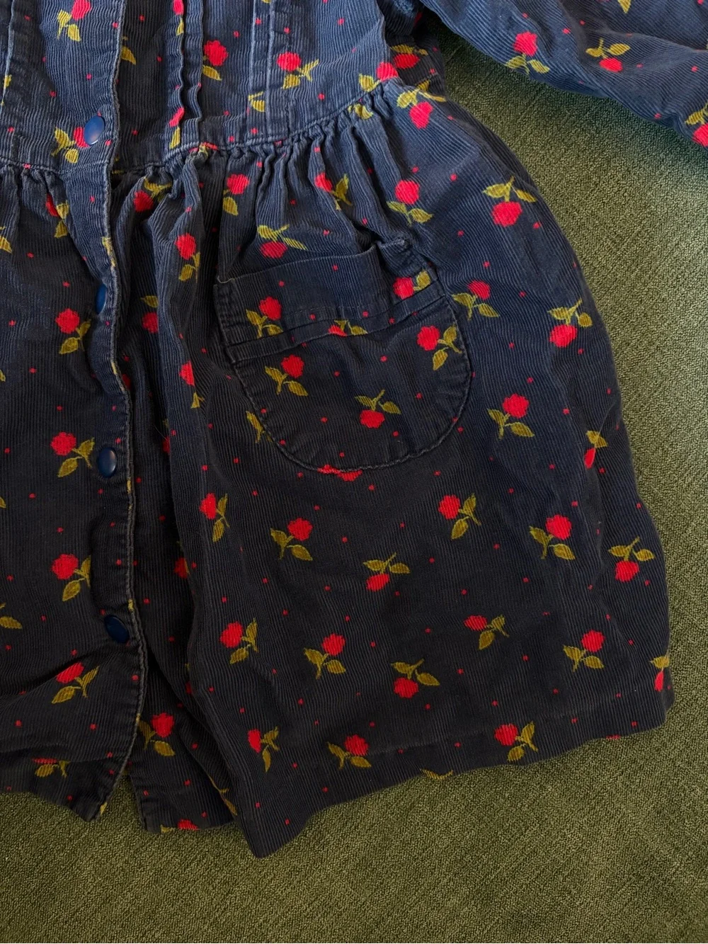 Vintage 90s Gymboree Navy Corduroy Floral Dress - Authentic Rainbow Tag